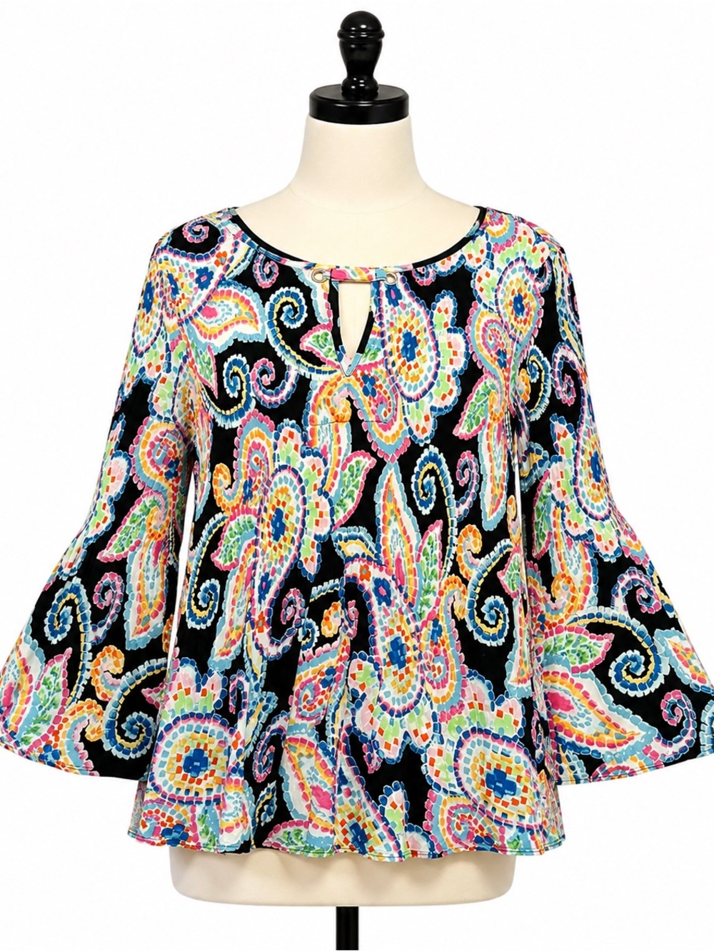 Ninety Black Multicolor Paisley Bell-Sleeve Blouse